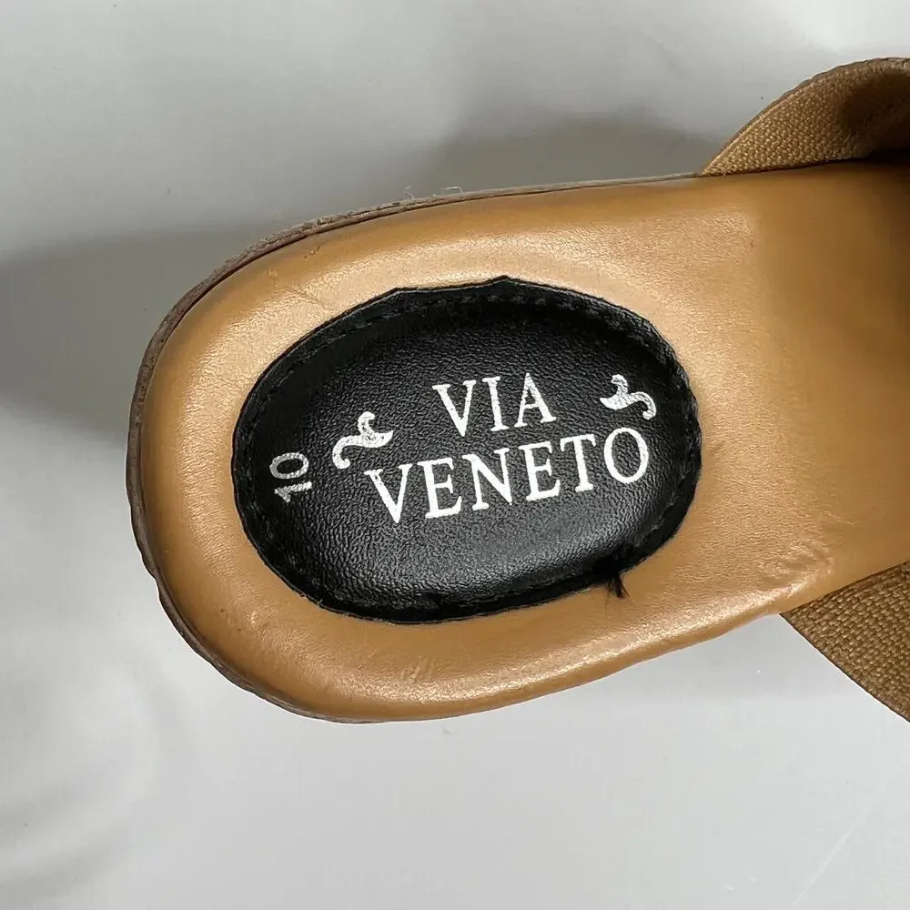 Via Veneto Slip On Wedge Sandals Tan Black Flower Size 10